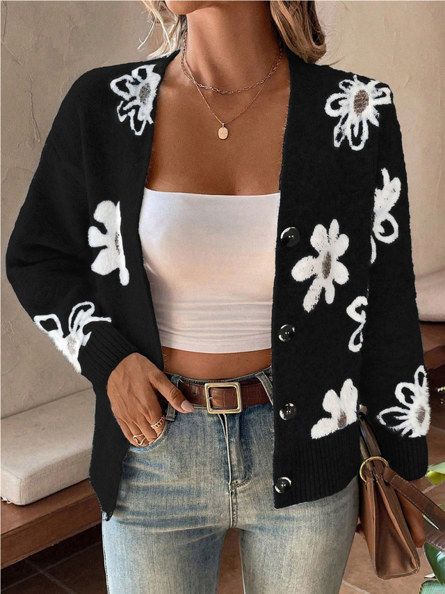  Women's Sweater Cardigan Casual Soft Floral Ribbed V Neck Buttons Knitted Long Sleeve Regular Tops Knit Outdoor Daily Weekend Black Light Grey Fall Winter
