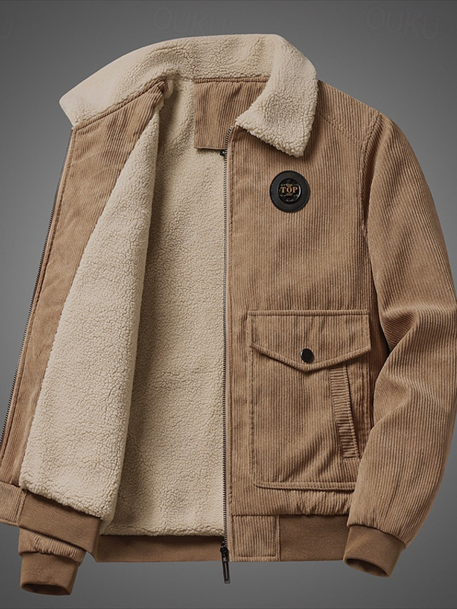  Men's Winter Jacket Fleece Jacket Casual Jacket Daily Vacation Thermal Warm Pocket Fleece Fall & Winter Plain Fashion Streetwear Lapel Regular Dark Gray Black Khaki Army Green Jacket