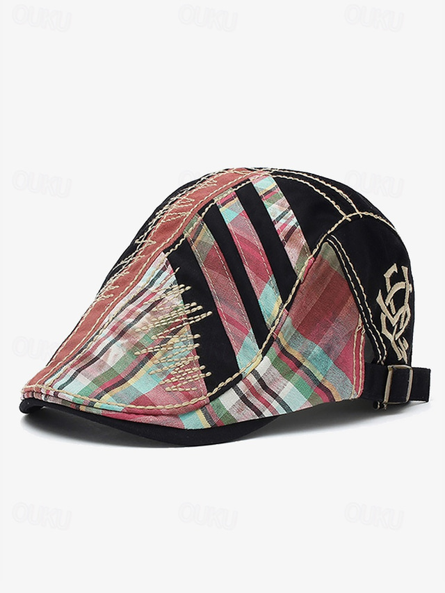  Men's Vintage Patchwork Flat Cap with Adjustable Strap – Casual Stylish Newsboy Hat for All Seasons