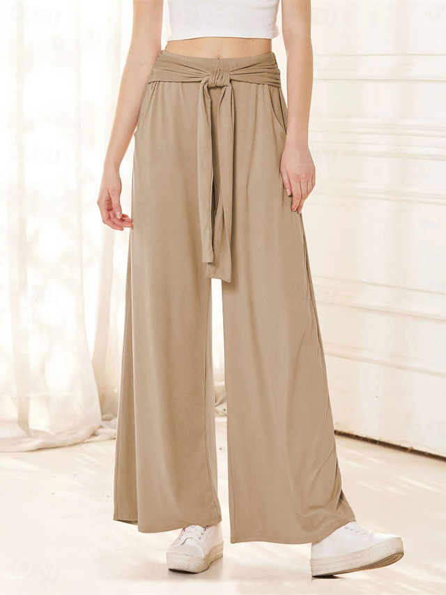  Dames Breed Been Chinese Modieus Volledige lengte Hoge taille Effen Zak Elastische tailleband Comfortabel Zacht Micro-elastisch Buiten Straat Khaki Leger Groen Grijs Herfst Ruim Passend