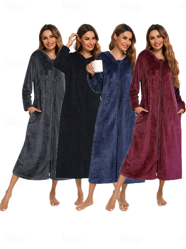  Women's Pajamas Pure Color Fashion Simple Home Fleece Warm Long Sleeve Robe Top Fall Winter Home Outfits