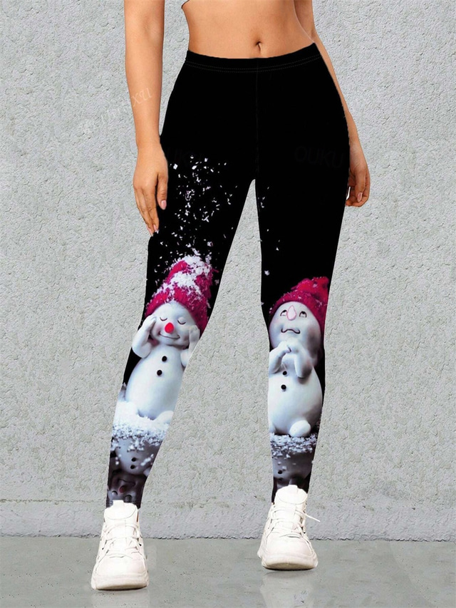  Women's Leggings Snowman Full Length Black Fall