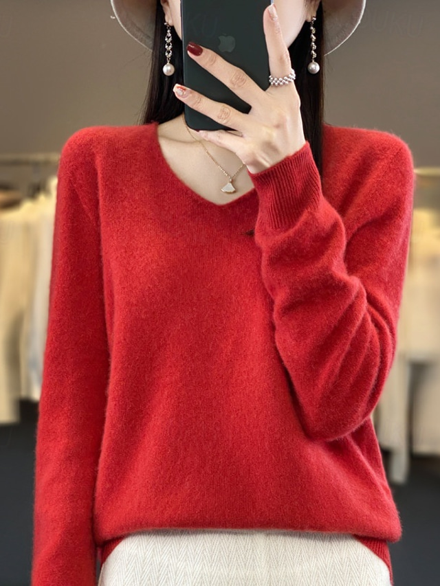  Damenpullover, Pullover, flauschiger Pullover, V-Ausschnitt, Rippstrick, gestrickt, Herbst/Winter, Outdoor, Alltag, Wochenende, lässig, weich, langärmelig, reine Farbe, Rot/Fuchsia
