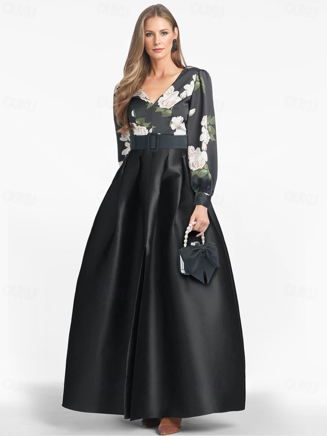  TS A-Line Evening Gown Elegant Dress Formal Floor Length Long Sleeve V Neck Pocket Satin with Floral Print 2025