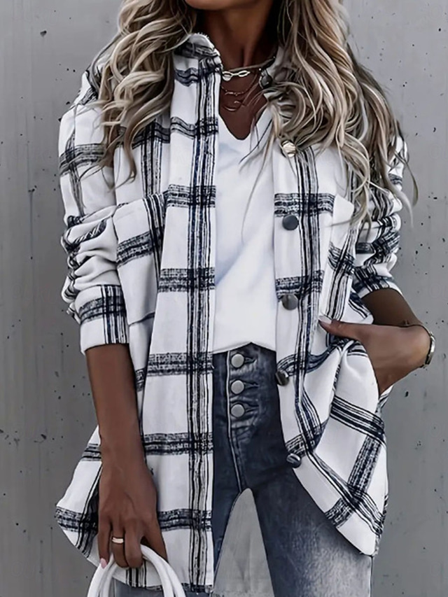  Women's Casual Jacket Outdoor Street Daily Wear Fall Winter Regular Coat Regular Fit Thermal Warm Breathable Stylish Casual Jacket Long Sleeve Stripes and Plaid with Pockets Print White