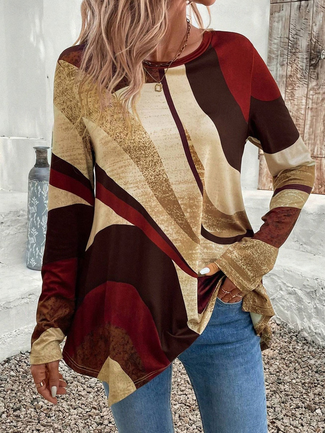  Women's Tunic T Shirt Geometric Casual Long Sleeve Crew Neck Regular Tops Daily Print Asymmetrical Brown Spring &  Fall