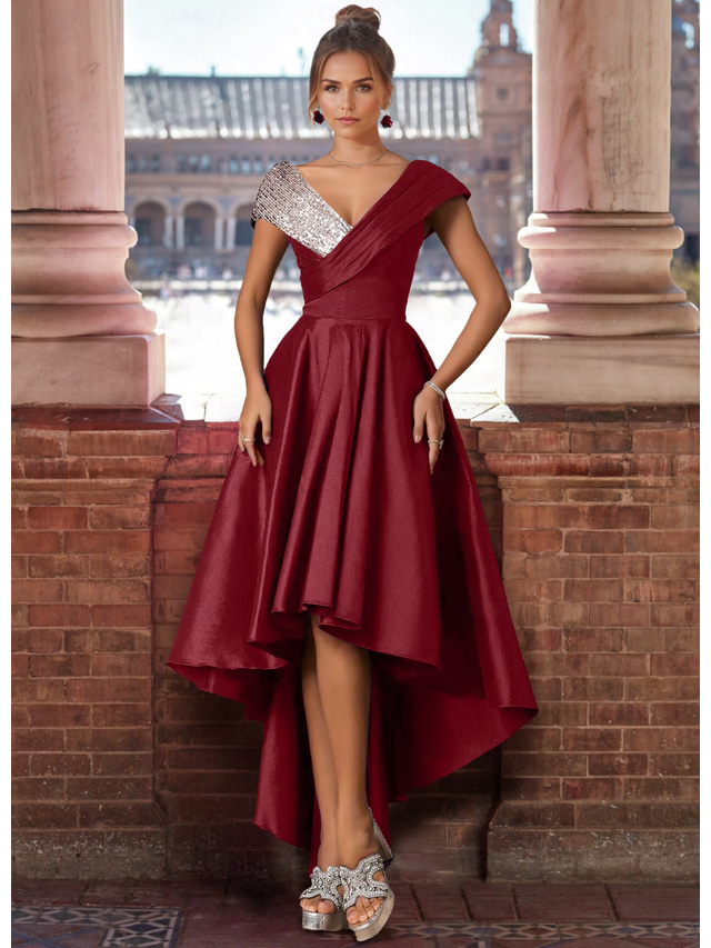  A-Line Cocktail Dresses Elegant Dress Wedding Guest Asymmetrical Short Sleeve V Neck Satin with Glitter Pleats Derby Dresses 2025