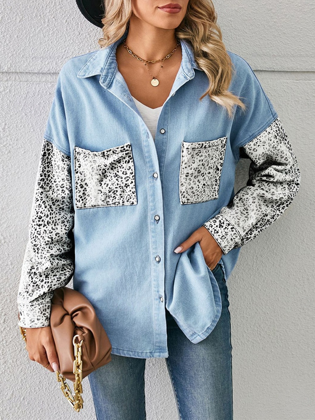  Women's Denim Jacket Outdoor Street Daily Wear Fall Winter Regular Coat Regular Fit Breathable Stylish Casual Jacket Long Sleeve Leopard with Pockets Print Black White Blue