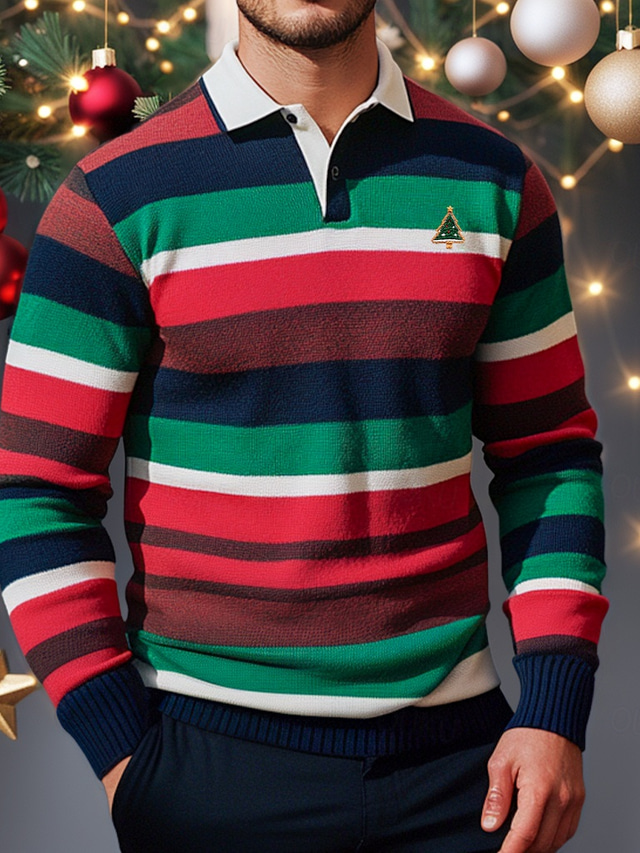  Men's Polo Shirts Rugby Polo Shirts Street Business Lapel Classic Long Sleeve Christmas Vintage Tree Stripe Stripe Fall Winter Cross-Seasons Regular Fit Rainbow Polo Shirts