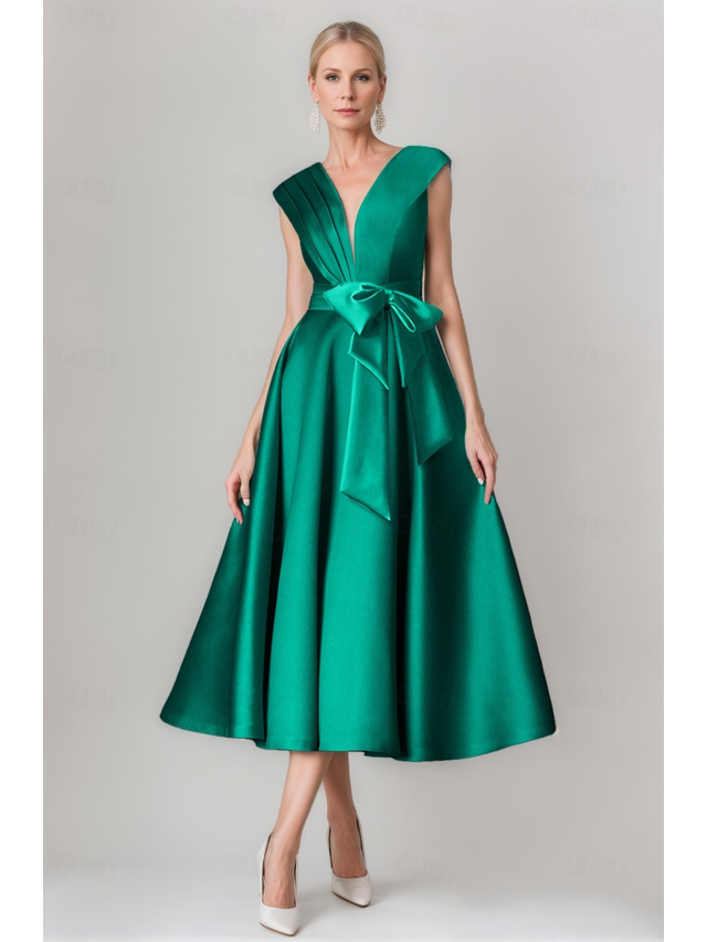  Robes de cocktail A-Line pour mariage à la plage robe élégante formelle longueur thé sans manches une épaule poche satinée avec fleur à l'épaule