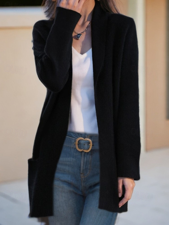  Women's Sweater Cardigan Sweater Jacket Shirt Collar Knit Pocket Knitted Spring Fall Home Daily Weekend Daily Casual Soft Long Sleeve Pure Color Black Camel