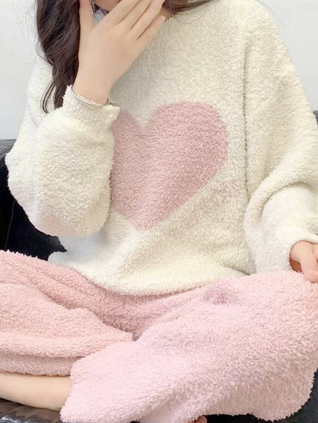  Women's Pajamas Loungewear 2 Pieces Heart Warm Comfort Home Daily Fleece Warm Breathable Crew Neck Long Sleeve Pullover Pant Fall Winter Home Outfits