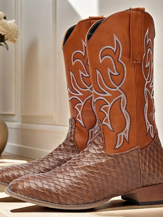  Men's Snakeskin Western Cowboy Boots with Embroidered Shaft - Exotic Faux Leather Design for Country Events & Casual Wear