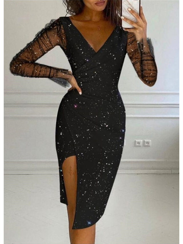  Women's Sequins Black Dress Midi Dress Plain V Neck Long Sleeve Party Black