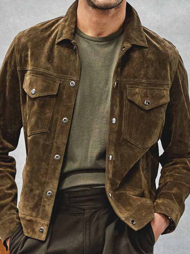  Men's Shirt Jacket Corduroy Jacket Casual Jacket Shacket Daily Vacation Breathable Pocket Spring &  Fall Plain Fashion Classic Lapel Regular Army Green Jacket