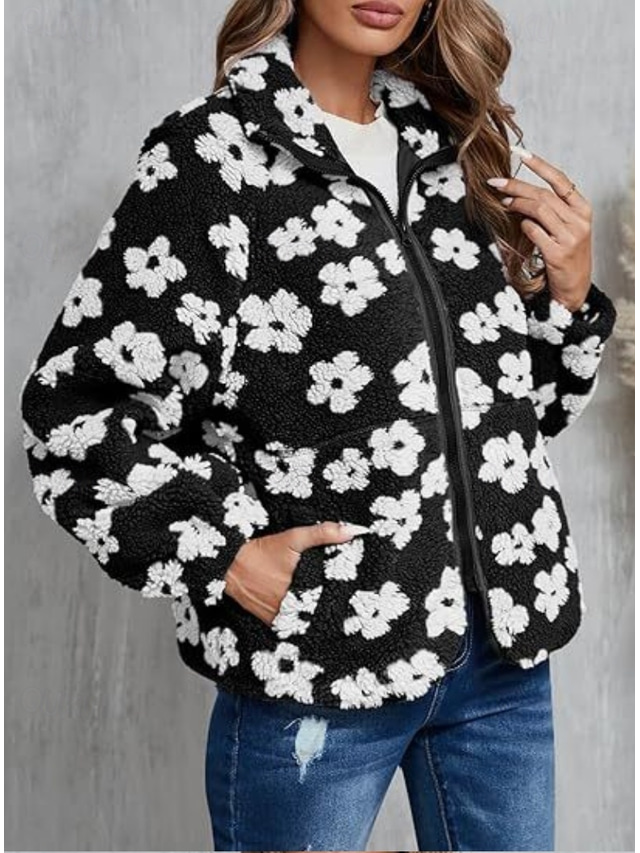  Women's Casual Jacket Outdoor Zipper Floral Windproof Fashion Loose Fit Outerwear Long Sleeve Fall Black S