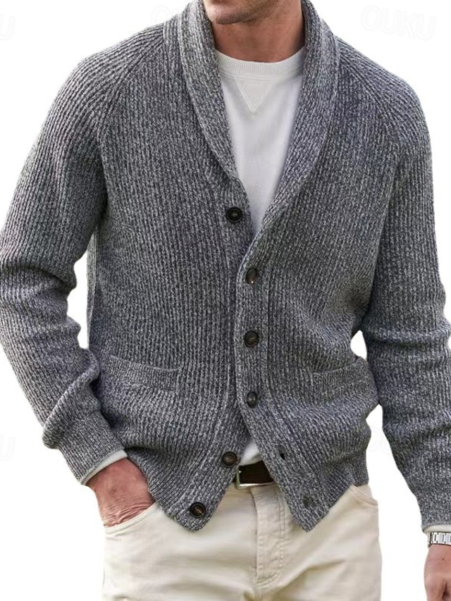  Men's Cardigan Sweater Cropped  Sweater Knit Sweater Ribbed Knit Regular Button Up Pocket Plain Shawl Collar Fashion Classic Daily Wear Date Clothing Apparel Fall & Winter Black Dark Blue M L XL