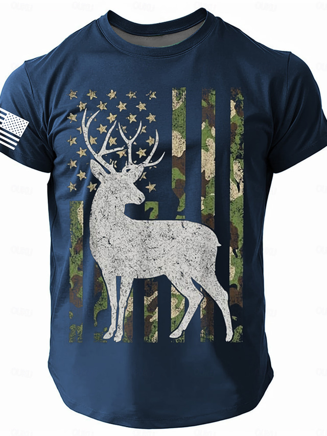  Men's American US Flag Deer T shirt Short Sleeve T shirt 3D Print Crew Neck Shirt Fashion Athleisure Street Sports Outdoor Daily Black Blue Summer Spring Clothing Apparel S M L XL XXL XXXL