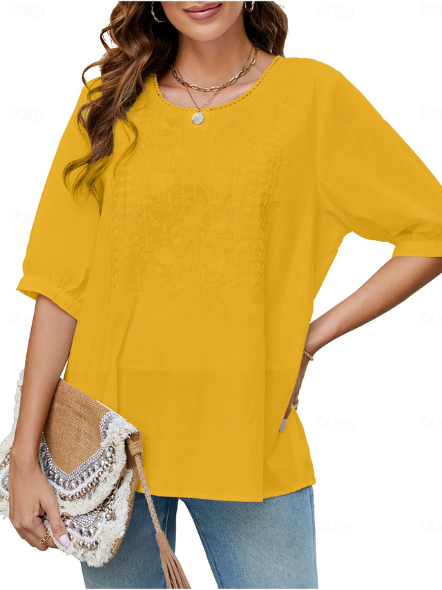  Women's Shirt Solid Color Floral Casual Boho 3/4 Length Sleeve Elbow Sleeve Crew Neck Regular Tops Vacation Party Daily Embroidered White Yellow Khaki Autumn / Fall Spring & Summer