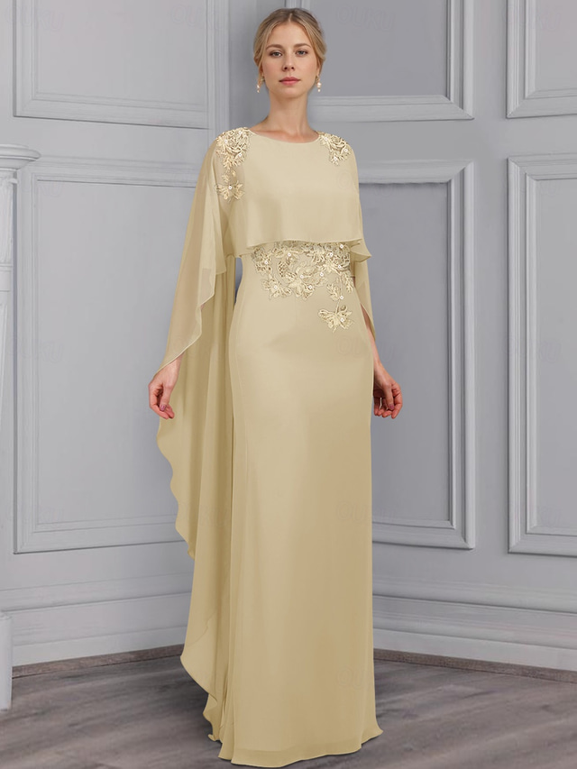  Sheath / Column Dress Mother of the Bride Dress Elegant Bateau Neck Floor Length Stretch Chiffon Long Sleeve with Lace Tier Flower 2024