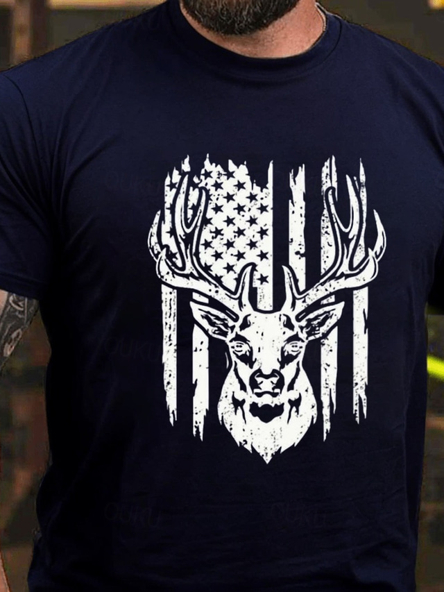  Herre Amerikansk amerikansk flagg Jakt Rådyr T skjorte T-skjorte 100 % bomull Kortermet Grafisk Skjorte Heather Grey Hvit Militærgrønn Komfortabel t-skjorte Gate Camping & Vandring Motedesignerklær