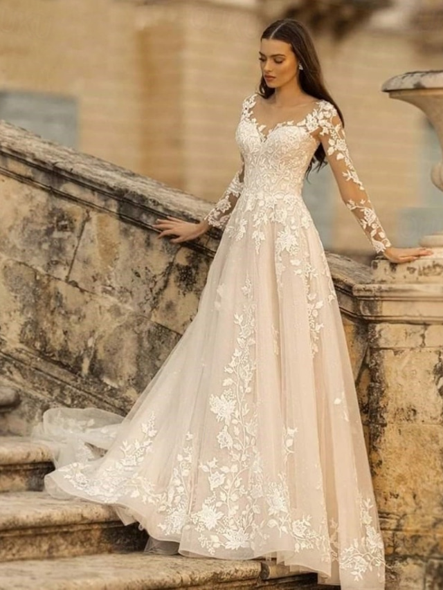  Wedding Dresses A-Line V Neck Long Sleeve Court Train Tulle Bridal Gowns With Pleats Appliques 2024