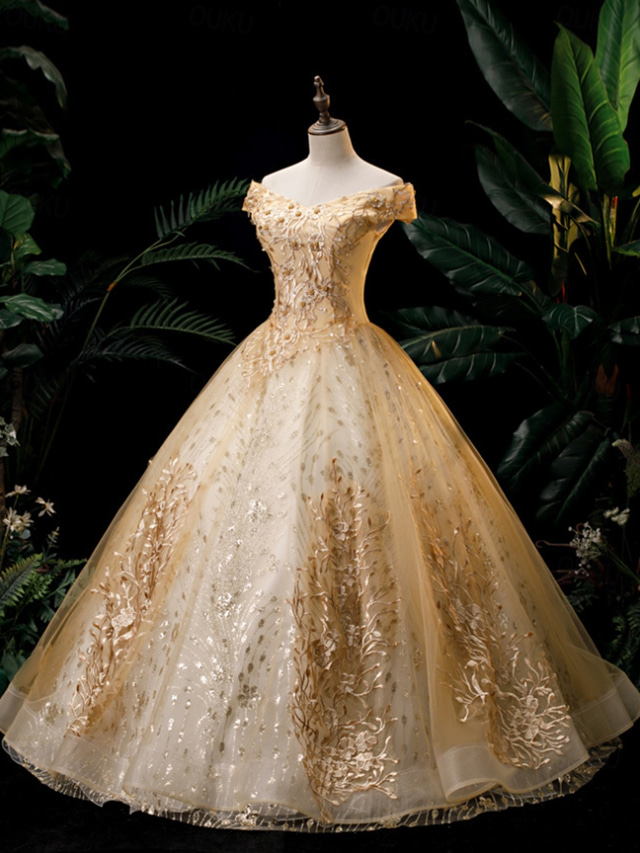  Wedding Dresses Ball Gown Off Shoulder Short Sleeve Floor Length Organza Bridal Gowns With Beading