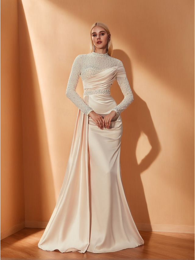  Rochie de seară Mermaid  Trumpet vintage formală pentru nuntă lungime până la podea mânecă lungă decolteu pătrat rochie pentru mama miresei din satin cu perle strălucitoare
