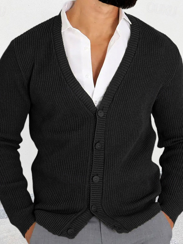  Men's Cardigan Sweater Cardigan Cropped  Sweater Cable Knit Knit Regular Button-Down Plain V Neck Fashion Classic Daily Wear Date Clothing Apparel Fall & Winter Black Military Green M L XL