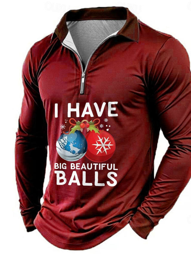  Christmas Men's Funny Zip Polo Long Sleeve Polo Shirts Collar Business Casual Party Evening Wear Vacation New Years Eve Shirts 3D Print Black Wine Blue