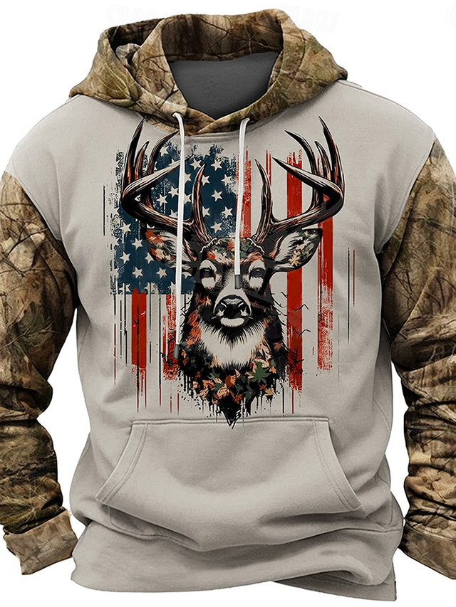  Men's American US Flag Patriotic Hoodies Hoodie Hooded Sweatshirt Hooded Daily 3D Print Sports Outdoor Vacation Streetwear Brown Light Grey Print Front Pocket Spring &  Fall Designer