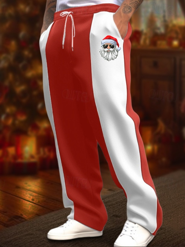  Men's Christmas Pants Sweatpants Trousers Straight Leg Sweatpants Pocket Drawstring Elastic Waist Color Block Santa Claus Comfort Christmas Sports Outdoor Fashion Casual Black / Red White