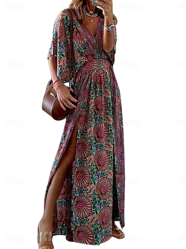  Women's Polyester Floral V Neck Maxi Dress Half Sleeve Summer Spring