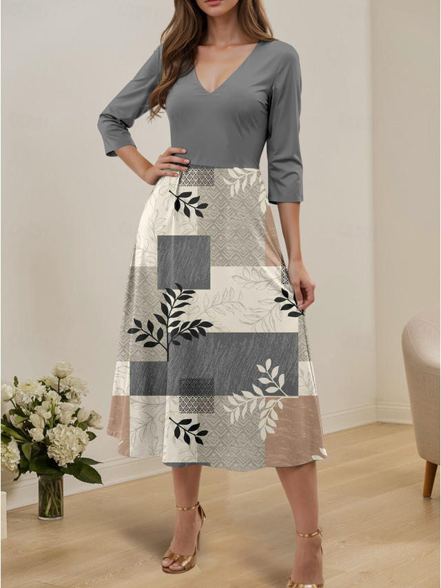  Women's Midi Dress Winter Dress Swing Dress Semi Formal Dress A Line Dress Stylish Casual Formal Party Work Regular Fit Floral Geometric 3/4 Length Sleeve V Neck Silver Fall Winter