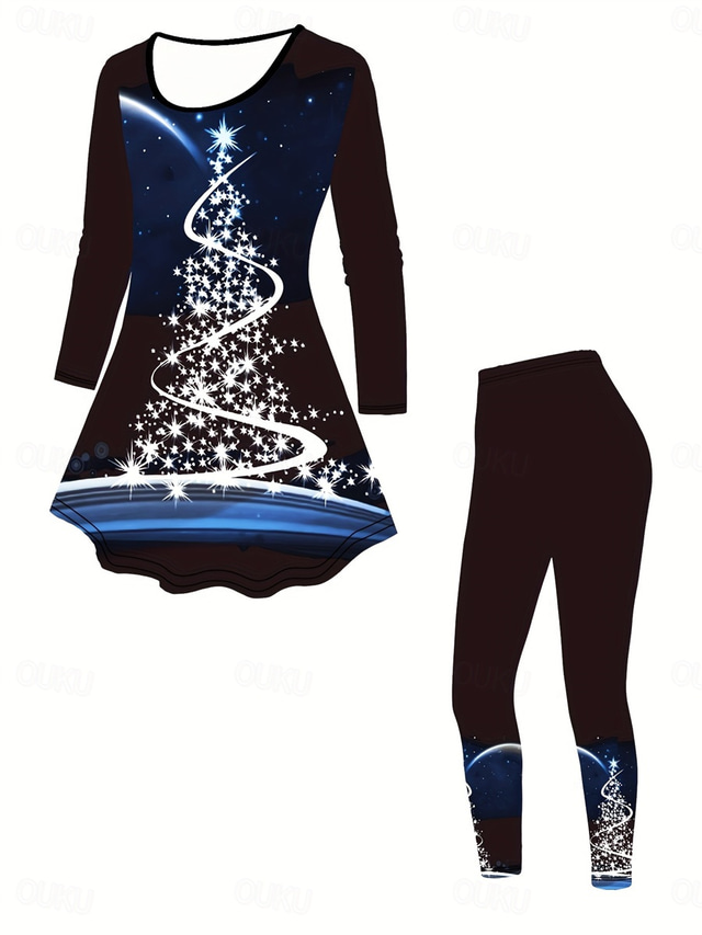  Women's Christmas Tunic Top and Leggings Set Festive Christmas Tree Pattern Long Sleeve Winter Holiday Casual Wear Comfort-Fit Stretchy Fabric Multi Size S M L XL XXL