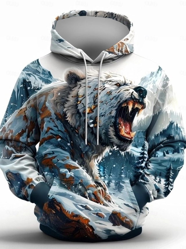  Men's Bear Hoodies Sweatshirt Outerwear Hooded Sweatshirt Crew Neck Fashion 3D Print Party Holiday Streetwear White Drawstring Fall Winter Designer