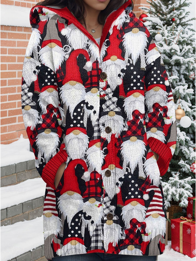  Women's Cardigan Ugly Sweater Hooded Ribbed Knit Buttons Print Fall Winter Christmas Outdoor Weekend Daily Long Sleeve Santa Claus Red