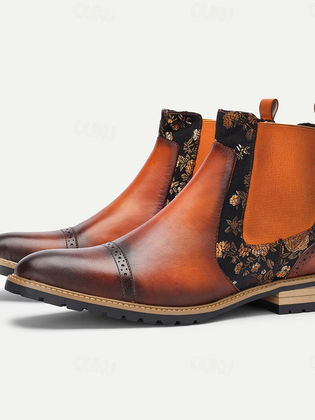  Men's Brown Leather Chelsea Boots with Floral Side Panels, Orange Elastic, and Perforated Toe – Premium Cowhide Casual & Semi-Formal Footwear