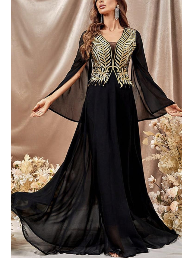  A-Line Evening Gown Elegant Dress Wedding Christmas Sweep / Brush Train Long Sleeve V Neck Chiffon with Glitter 2024