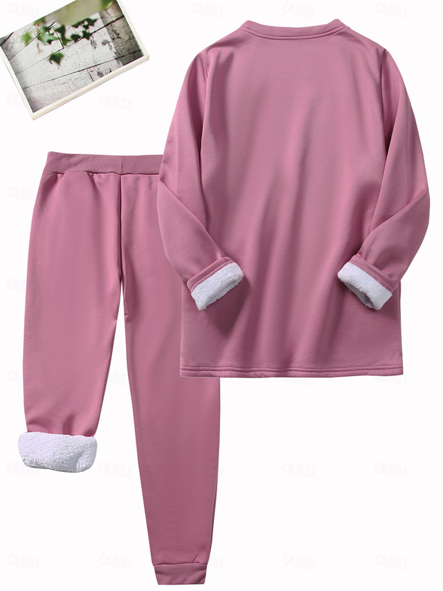  Women's Pajamas Set Fleece Lined 2 Pieces Sweatshirt Tracksuits Loungewear Set Pyjamas Fleece Fluffy Long Sleeve Top and Pant Text Print Comfort Casual Home Wear Drawstring Solid Cozy Winter