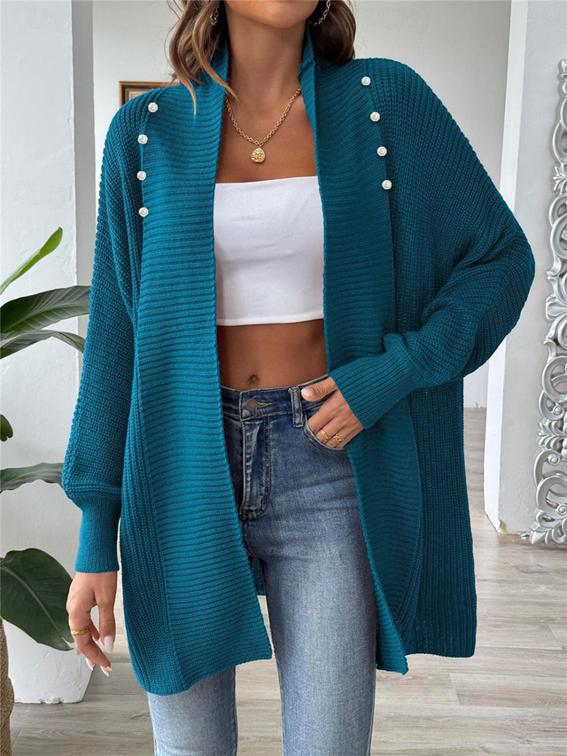  Women's Sweater Cardigan Casual Soft Pure Color Ribbed Open Front Beaded Knitted Long Sleeve Long Tops Knit Outdoor Daily Weekend Black Blue Fall Winter