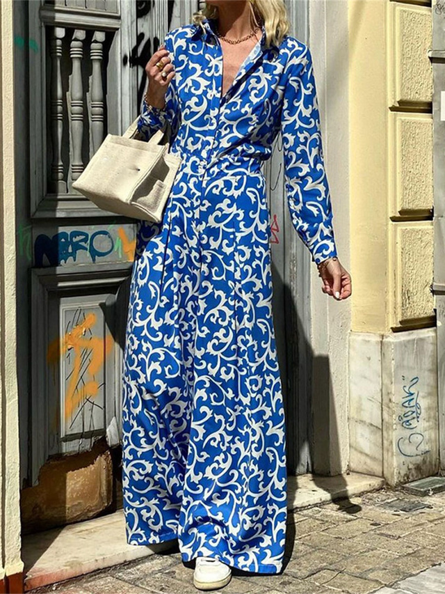  Women's Polyester Floral Shirt Collar Maxi Dress Long Sleeve Summer Spring