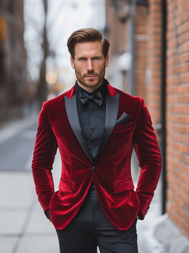 Men's Velvet Blazer Jacket Tuxedo Christmas Vintage Solid Colored Blazer Red Green Standard Fit