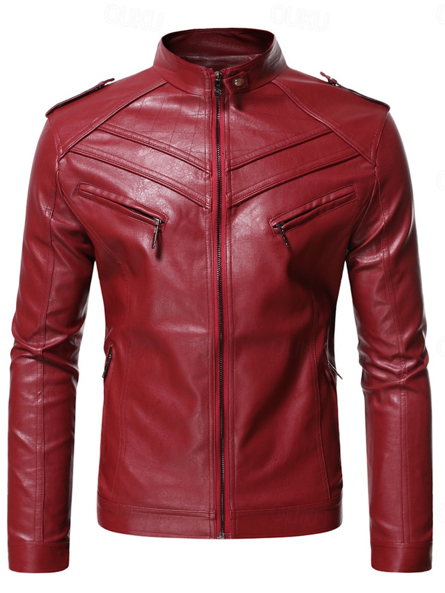  Men's Faux Leather Jacket Casual Jacket Biker Jacket Red Leather Jacket Casual Thermal Warm Rain Waterproof Faux Fur Trim Fall Pure Color Casual Stand Collar Regular Regular Faux Leather Regular Fit