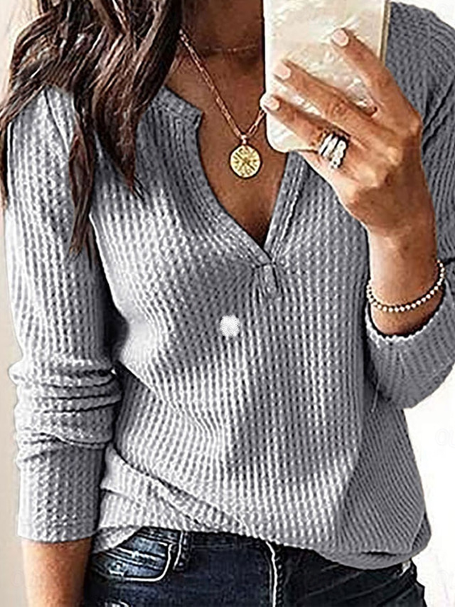  Women's T Shirt Plain Fashion Modern Casual Long Sleeve V Neck Regular Tops Daily Weekend Pink Blue Gray Fall Winter