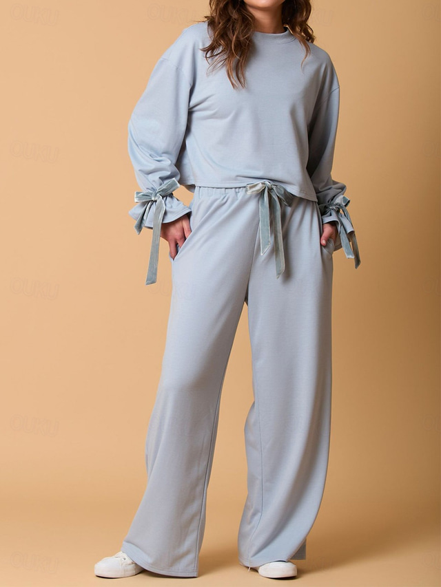  Women's Pajama Set Casual Comfort Pure Color Elastic Waist T Shirt Pant Home Daily Long Sleeve Crew Neck Pink Gray Fall Winter