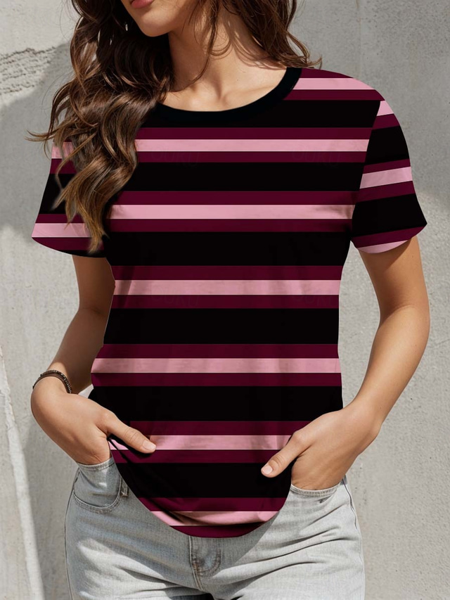  Women's T Shirt Striped Casual Short Sleeve Round Neck Regular Tops Daily Print Pink Blue Summer