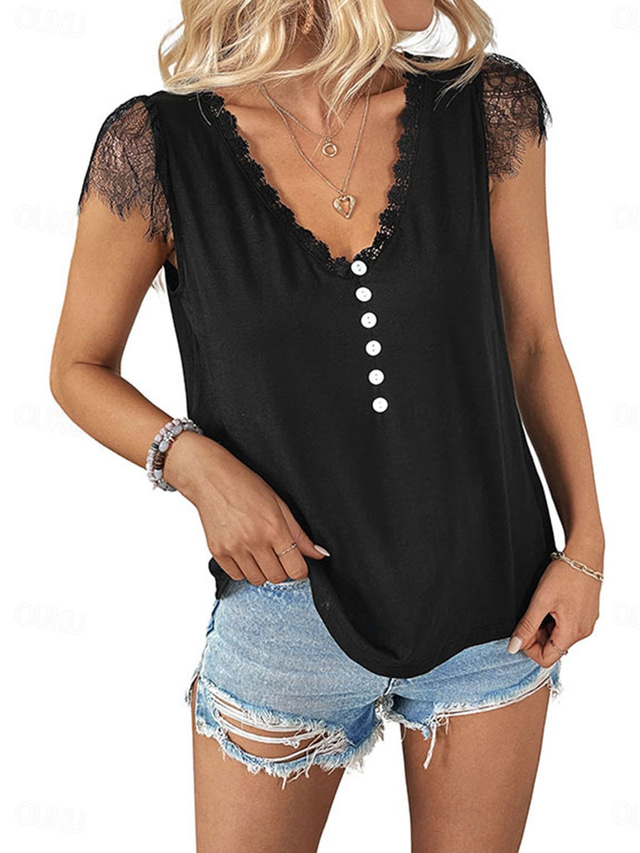  Dam Blus Ensfärgat Elegant Stylish Ledigt Kortärmad V-hals Semester Fest Dagligen Svart Sommar Vår
