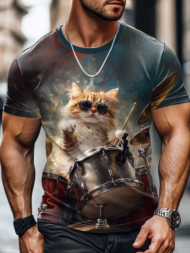 Voor heren Kat Rots T-shirt Korte mouw T-shirt 3D-afdrukken Strakke ronde hals Overhemd overdreven Ontwerper Feest Feestdagen Zwart Zomer Lente Kleding S M L XL XXL XXXL