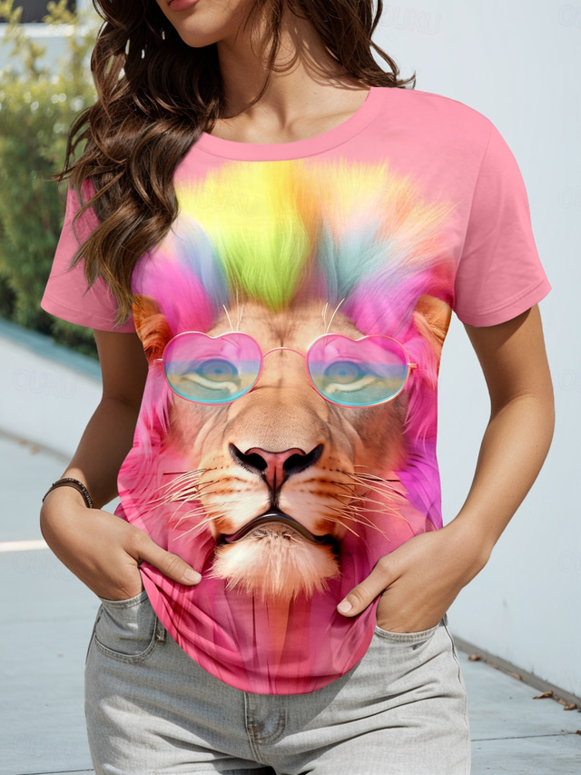  Valentine's Day Women's T Shirt Animal Casual Short Sleeve Round Neck Regular Tops Daily Print Pink Summer
